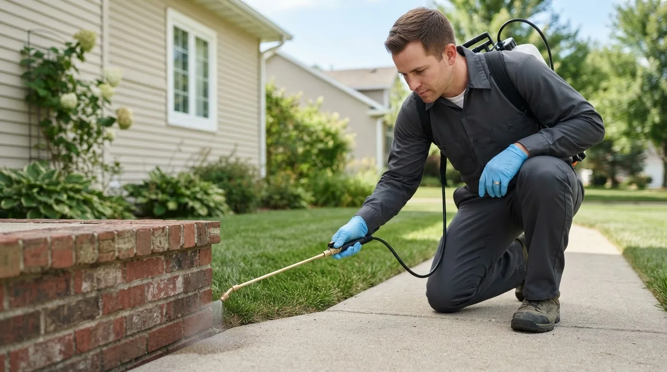 Pest control technician treating a home near Hubbard, OR