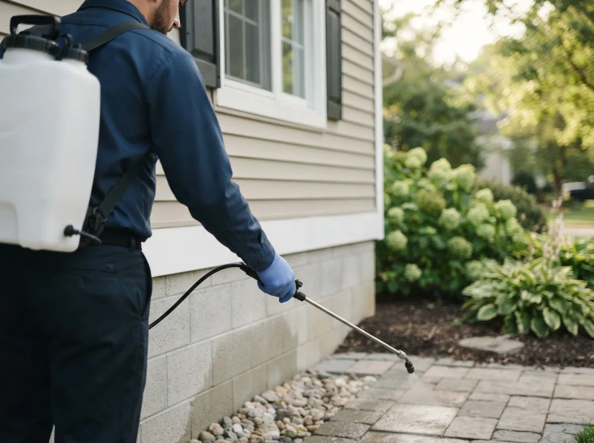 Pest control technician inspecting a home in Hubbard, OR